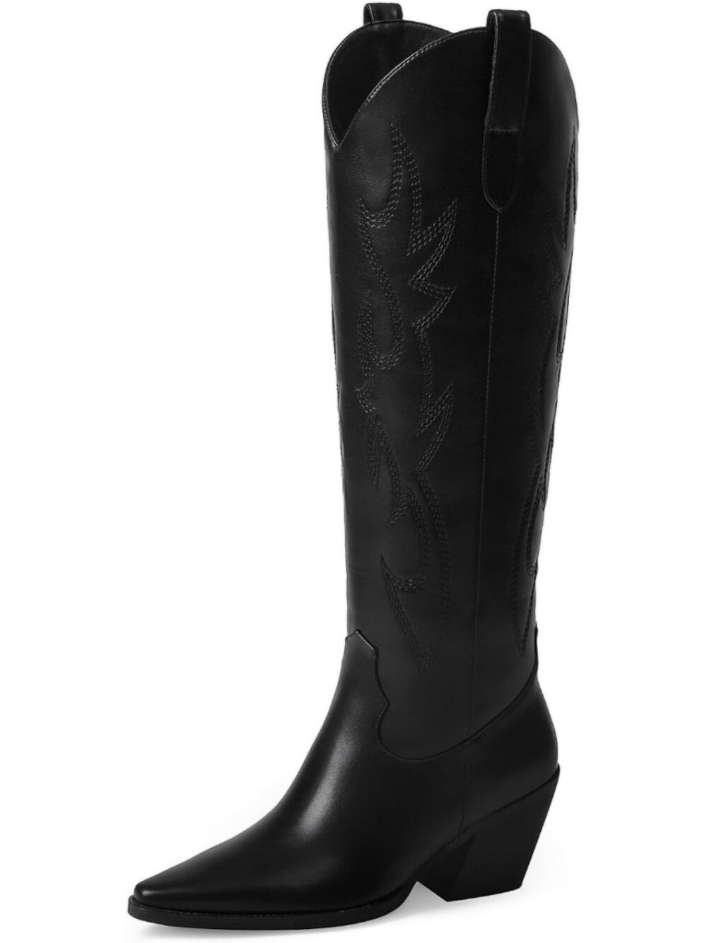 Women's Black Faux Embroidered Knee High Block Heel Pointed Toe Cowgirl Boot